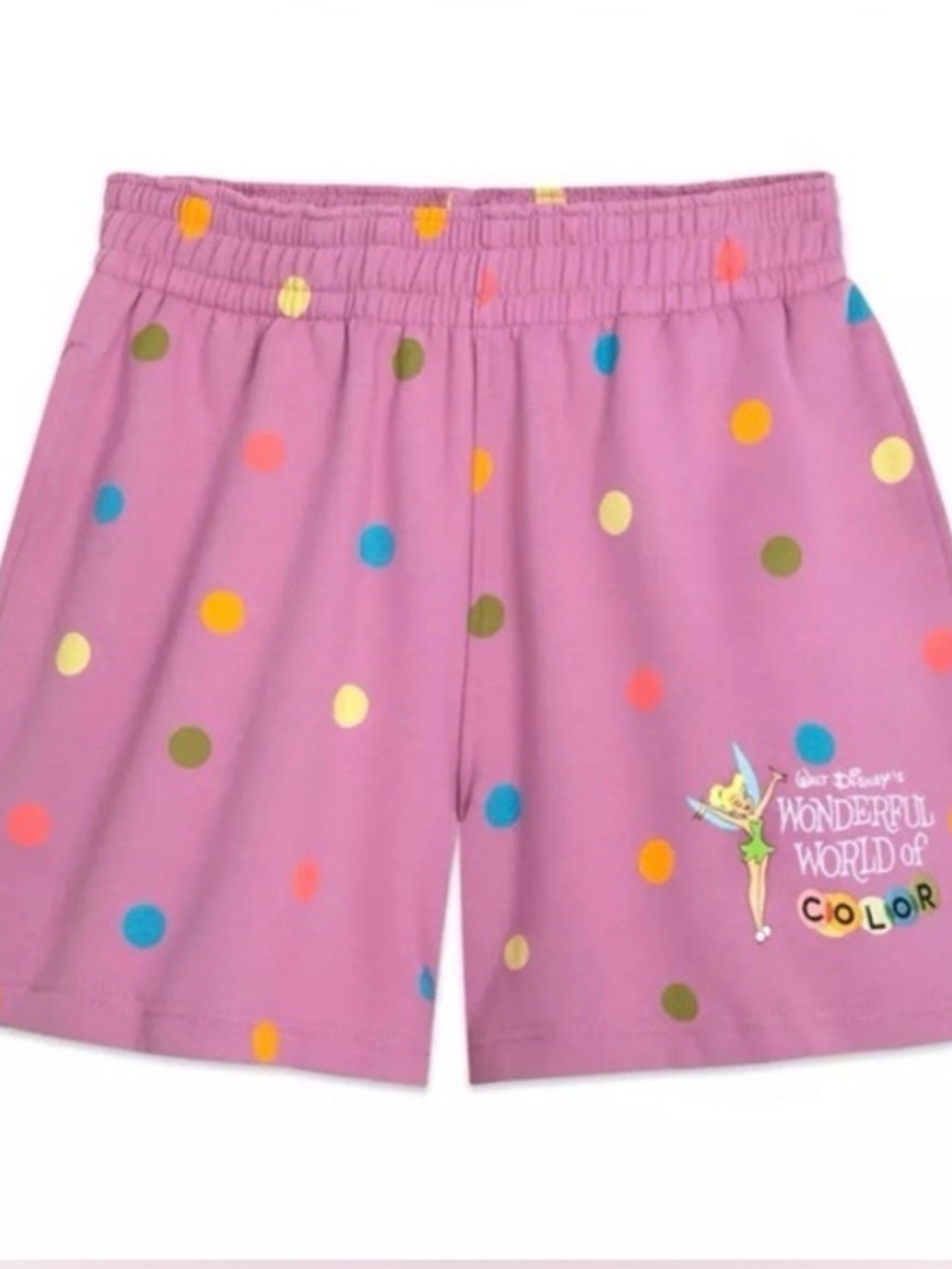 Disney Purple Polka Dot Athletic Fleece Shorts with Tinkerbell Multicolor Dots